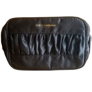 DOLCE & GABBANA black satin ruffle cosmetic travel clutch bag
